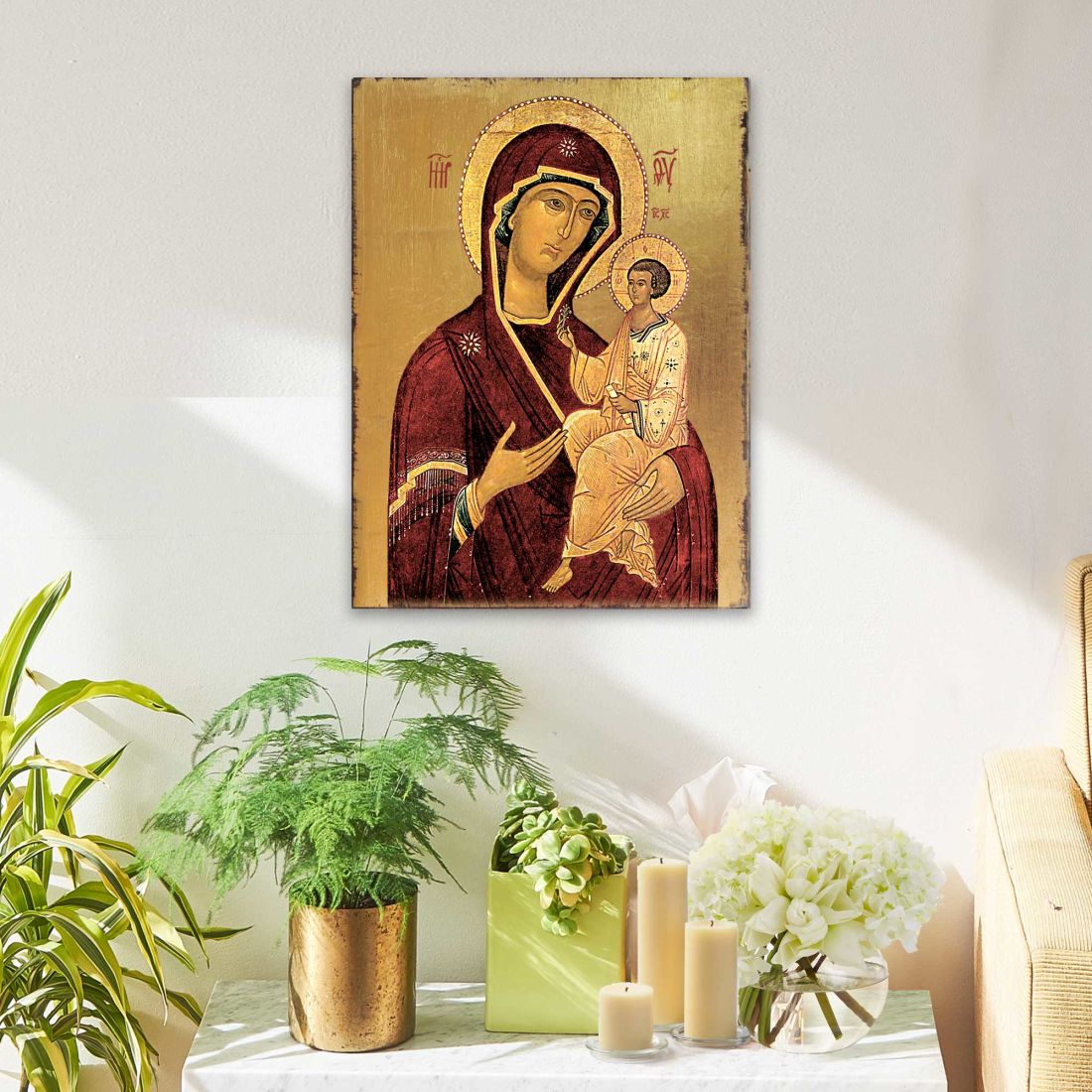 Icono sagrado ortodoxo religioso de madera de la Virgen María, bañado en oro - Decoración inspiradora - 85063