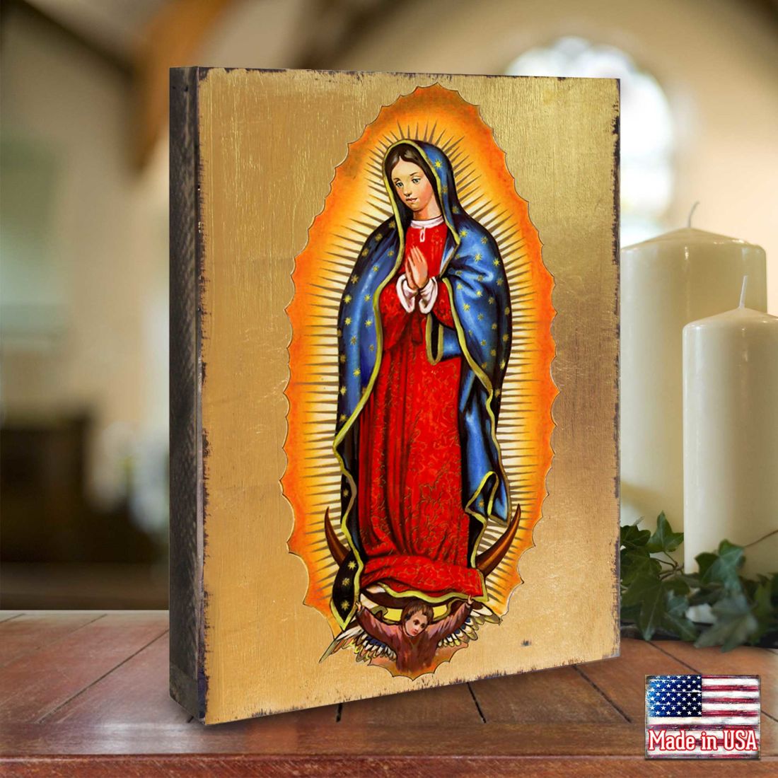 Icono sagrado católico religioso de madera de la Virgen de Guadalupe, bañado en oro - Decoración inspiradora - 85032