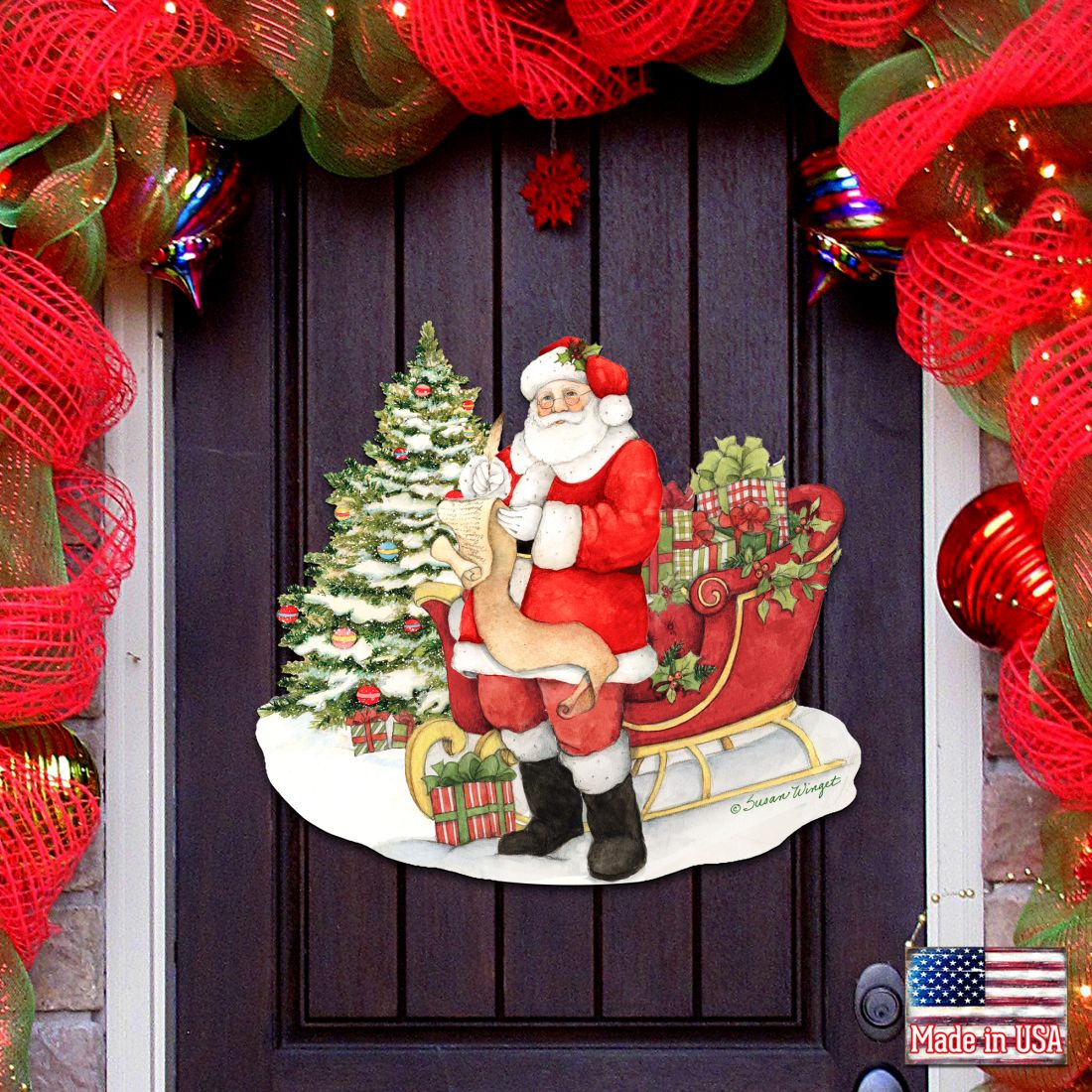 Christmas Wishlist Santa Door Decor by Susan Winget - Christmas Santa Snowman Decor - 8471101H-SW