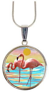 Flamingos Silver Plated Mother of Pearl Jewelry Pendant Necklace Coastal - 44046