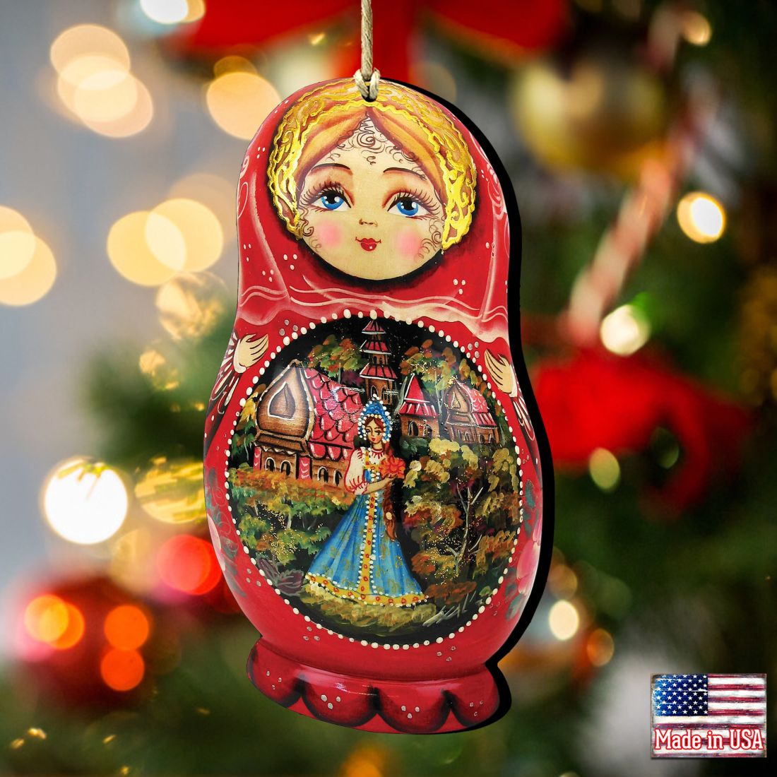 Adornos de madera Matreshka de flores escarlatas de G. DeBrekht - Decoración navideña de Papá Noel y muñeco de nieve - 8115103
