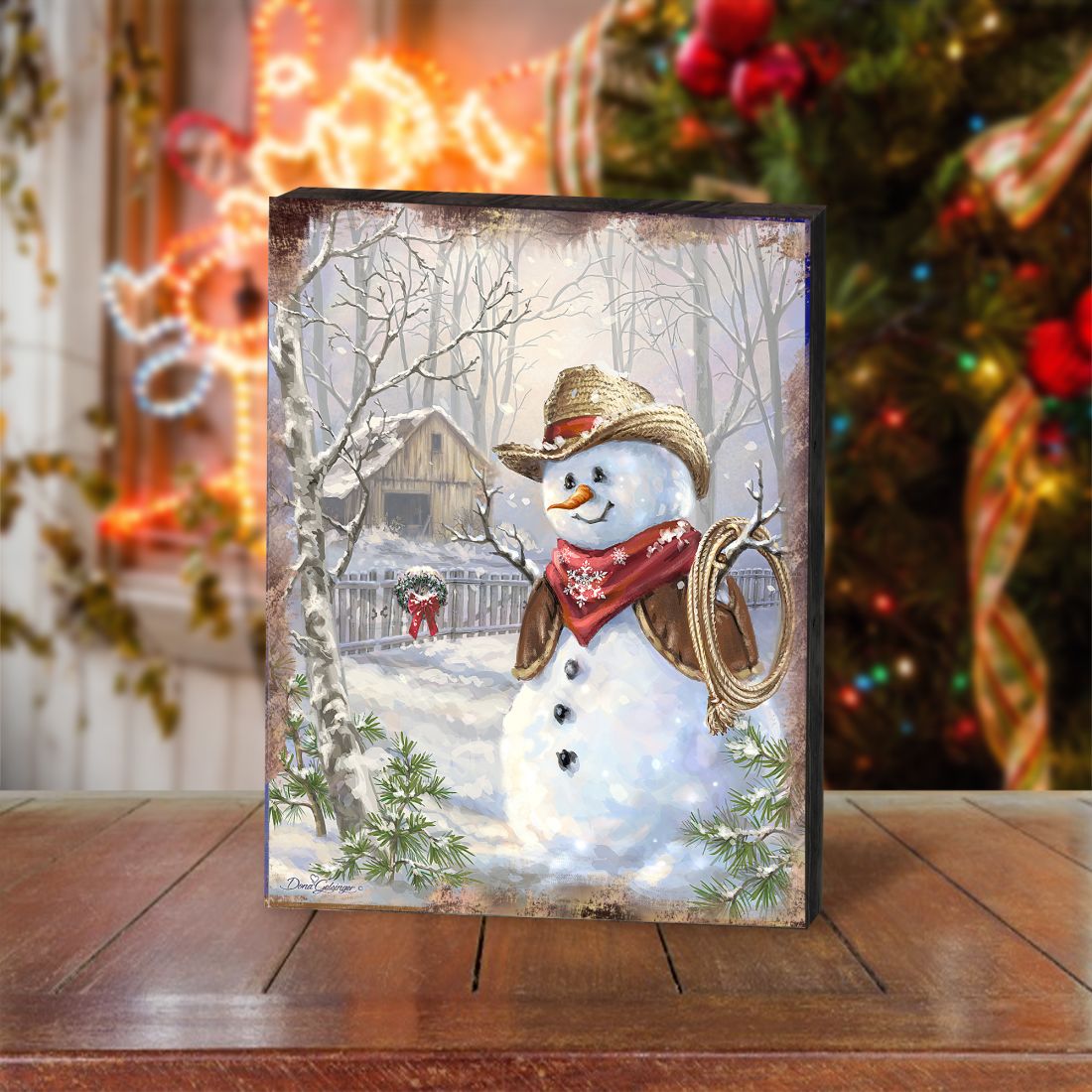 Cowboy Snowman Art Wooden Wall Art by D. Gelsinger - Christmas Santa Snowman Decor - 95604B-1541