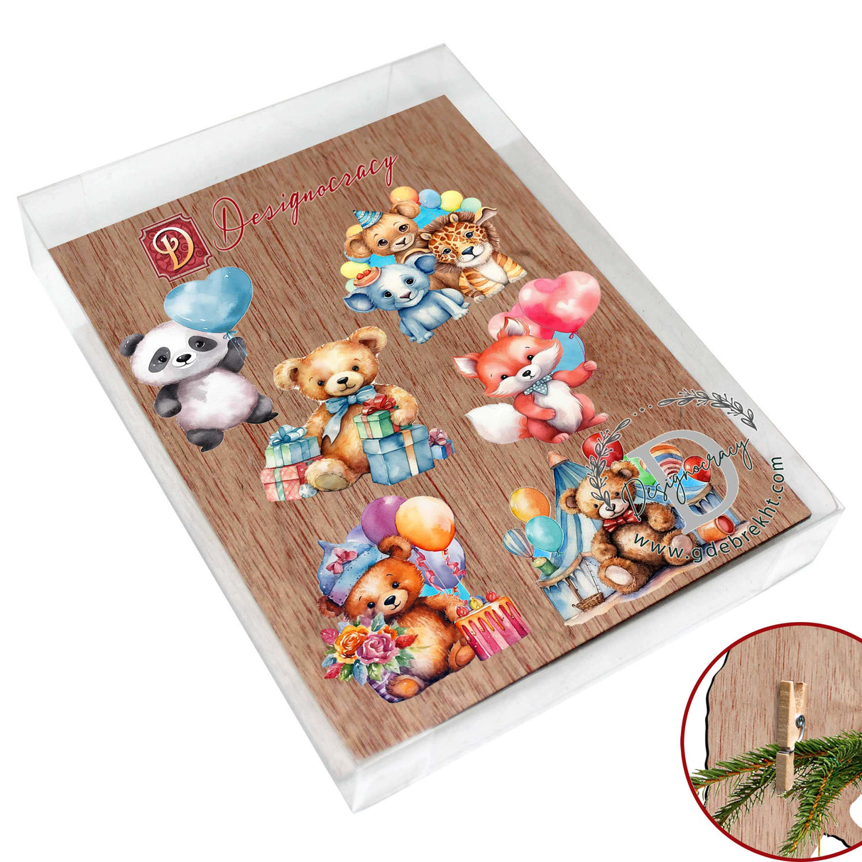 Happy Birthday Decorative Wooden Clip-on Ornaments Set of 6 by G. Debrekht - Christmas Decor - 8090035C-S6