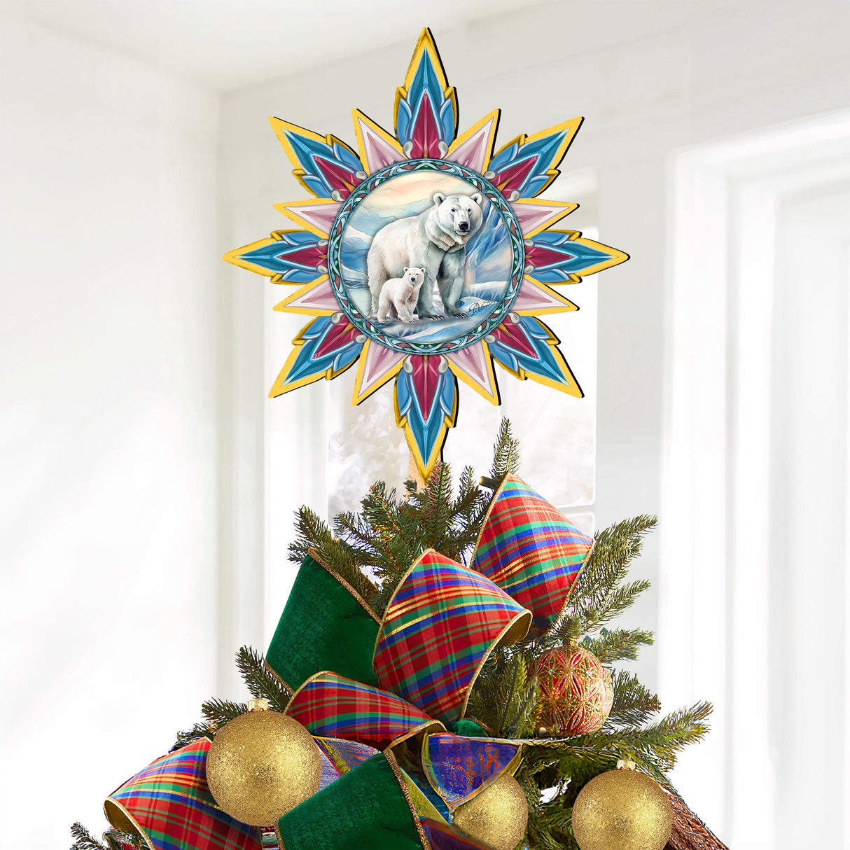 Decoración de madera para la punta del árbol de Navidad con forma de oso polar y cachorro, de G. Debrekht - Decoración navideña con animales salvajes - 89509