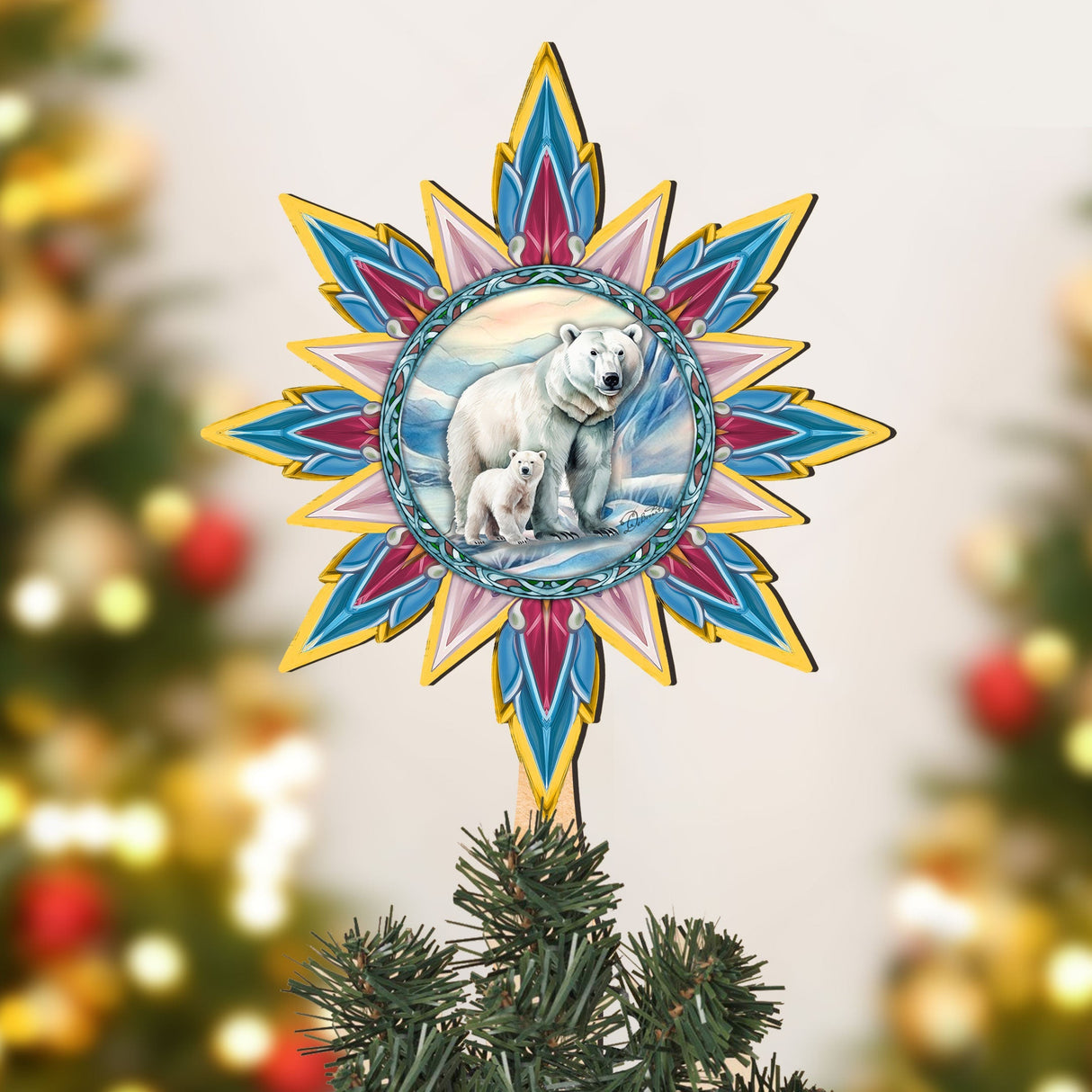 Decoración de madera para la punta del árbol de Navidad con forma de oso polar y cachorro, de G. Debrekht - Decoración navideña con animales salvajes - 89509
