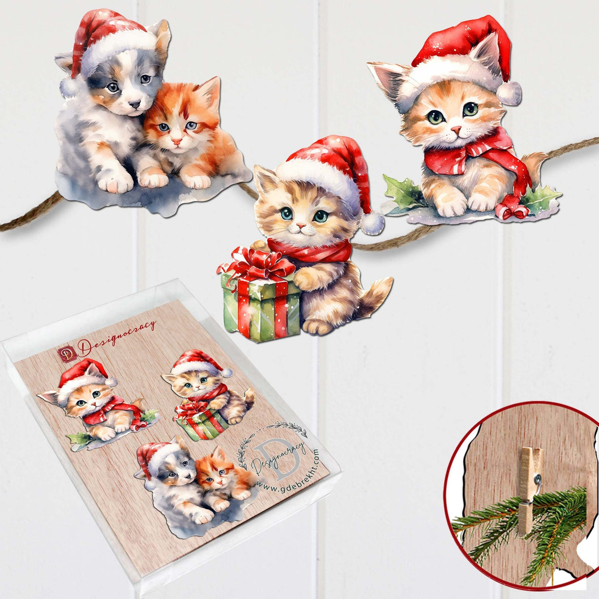 Christmas Cats Decorative Wooden Clip-on Ornaments Set of 3 by G. Debrekht - Christmas Decor - 8091016C-S3