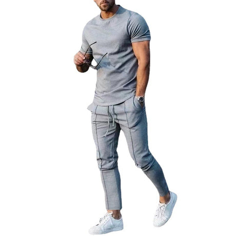 Solid Color Casual Round Neck Short Sleeves T-shirt Trousers Two-piece Set - Lootquake