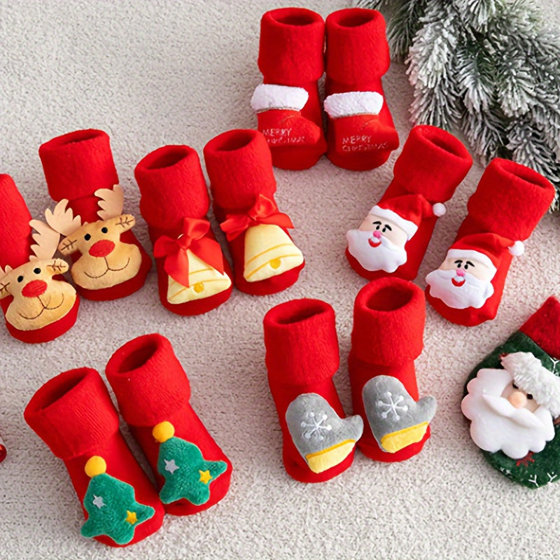 1 par de calcetines navideños para niña, adorables accesorios navideños con dibujos en 3D, calcetines gruesos de algodón con lazo, calcetines rojos antideslizantes.