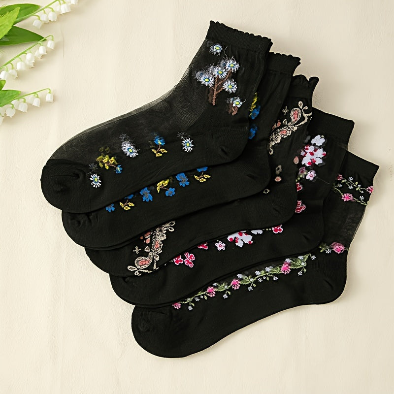 Lot de 10 paires de chaussettes en soie à broderie florale pour femmes, douces et respirantes
