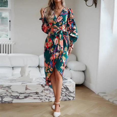 Printed Dress 2023 Autumn Winter Elegant V-neck Dress - Lootquake