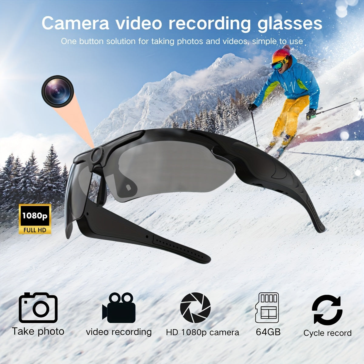 1080P HD Video Camera Glasses, Outdoor Sports DV Camera, Smart Glasses, Wide-Angle 120 ° Glasses Camera, Body Camera, Cycling, Motorcycle, Bicycle, with 64GB Storage Card