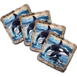 Orca Wooden Cork Coasters Gift Set of 4 by Nature Wonders Coastal Nature Wildlife Decor  - 95396C-S4