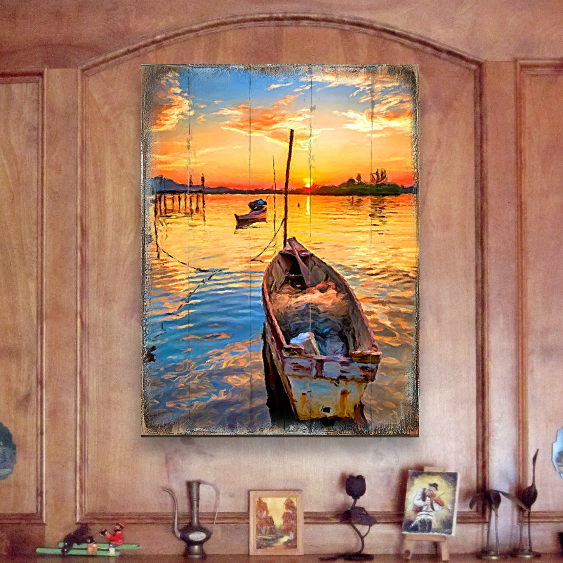 Arte de pared costero de madera con diseño de barco al atardecer de Sorrell, de Nature Wonders - Decoración costera de vida marina - 95228B