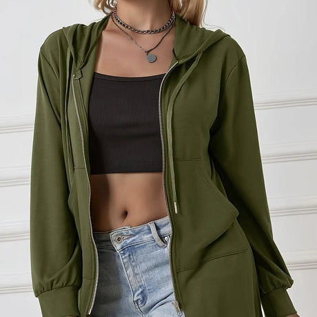 Women's Military Green Casual Sports Hooded Sweatshirt With Drawstring Zipper Jacket, Lightweight Top - Lootquake