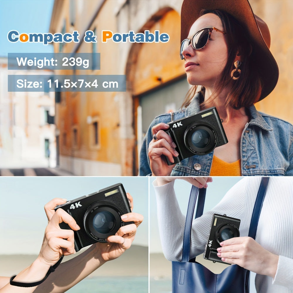 Cámara digital 4K de 48 MP, pantalla abatible de 3", enfoque automático, antivibración y zoom de 16x para fotografía y vídeo.