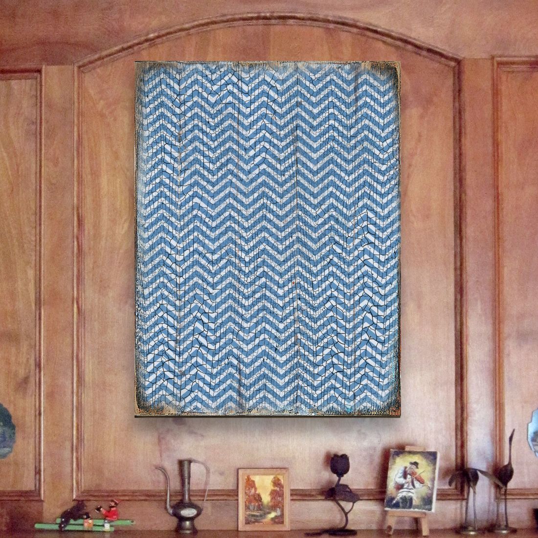 Blue Chevron Stripes Rustic Wooden Wall Art by G. DeBrekht - Floral Ornamental Decor - 95009B