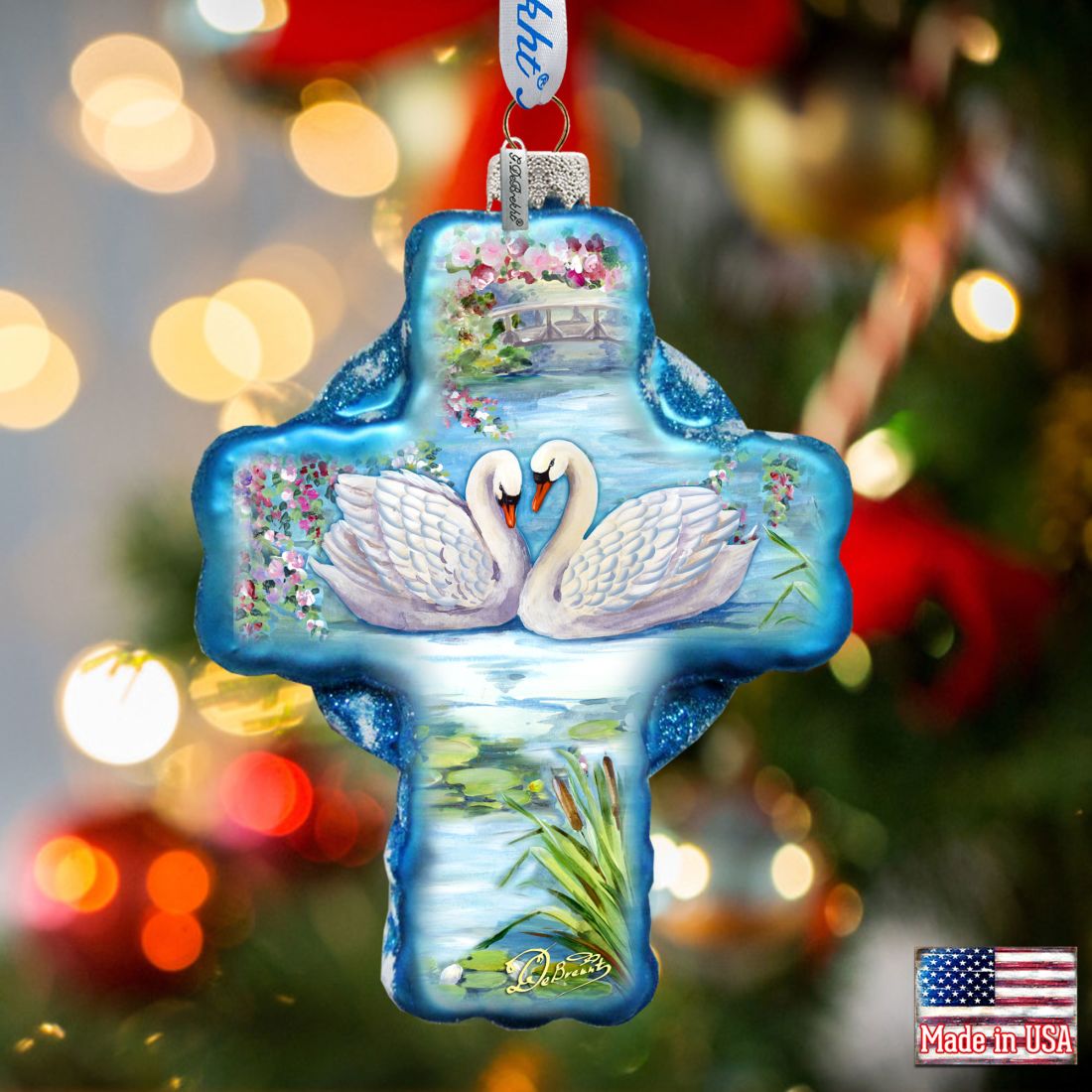 Love of Swans Cross Glass Ornament by G. DeBrekht - Nativity Holiday Decor - 758-012
