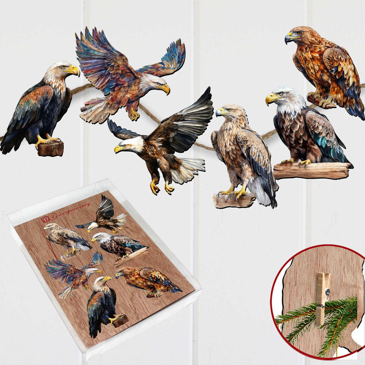 Eagle's Flight Decorative Wooden Clip-on Ornaments Set of 6 by G. Debrekht - Wildlife Decor - 8090101C-S6