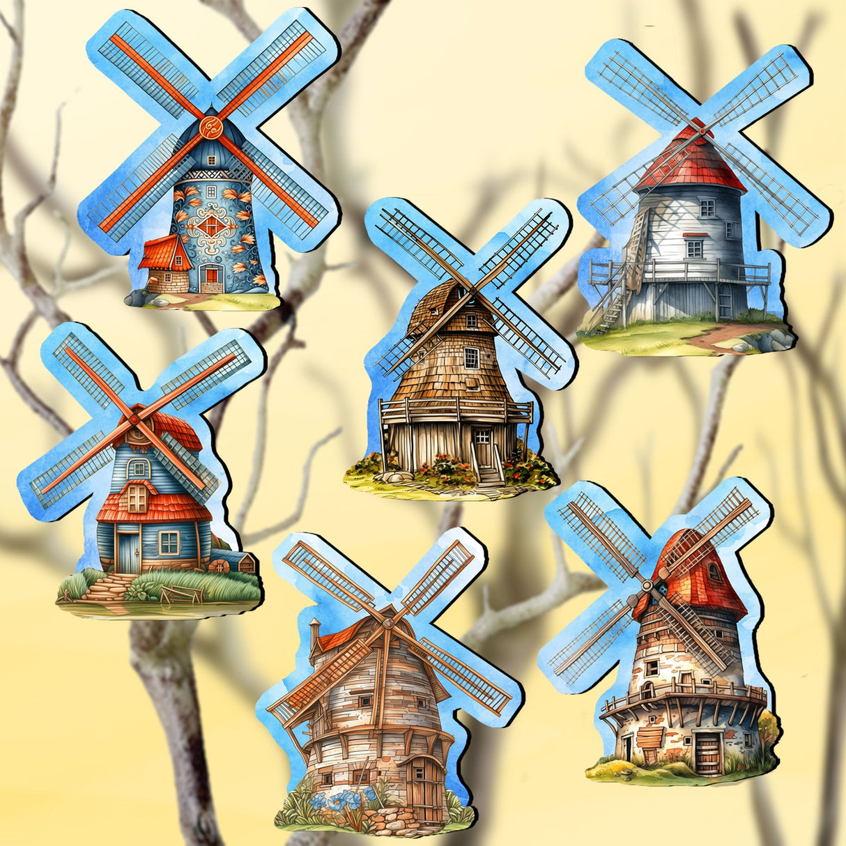 Windmills Decorative Wooden Clip-on Ornaments Set of 6 by G. Debrekht - Love Family Decor - 8090074C-S6
