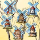 Windmills Decorative Wooden Clip-on Ornaments Set of 6 by G. Debrekht - Love Family Decor - 8090074C-S6