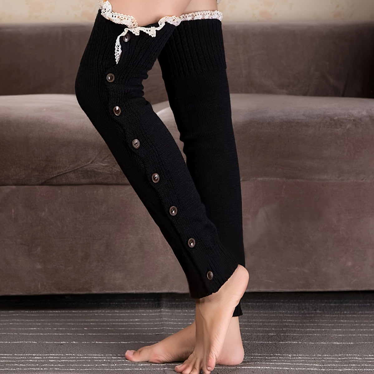 Calentadores de piernas de punto con ribete de encaje: suaves, elásticos y por encima de la rodilla para mujer. Medias y calcetines a juego con botones decorativos para el frío.