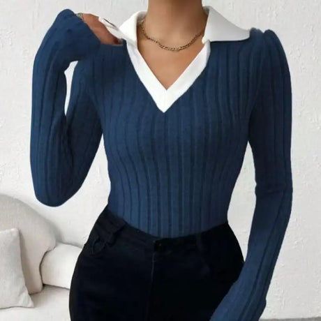 Ladies' Fashion Elegant Solid Color Long Sleeve Autumn Winter POLO Collar Fake Two Piece T-shirt Top Elegant Customization - Lootquake