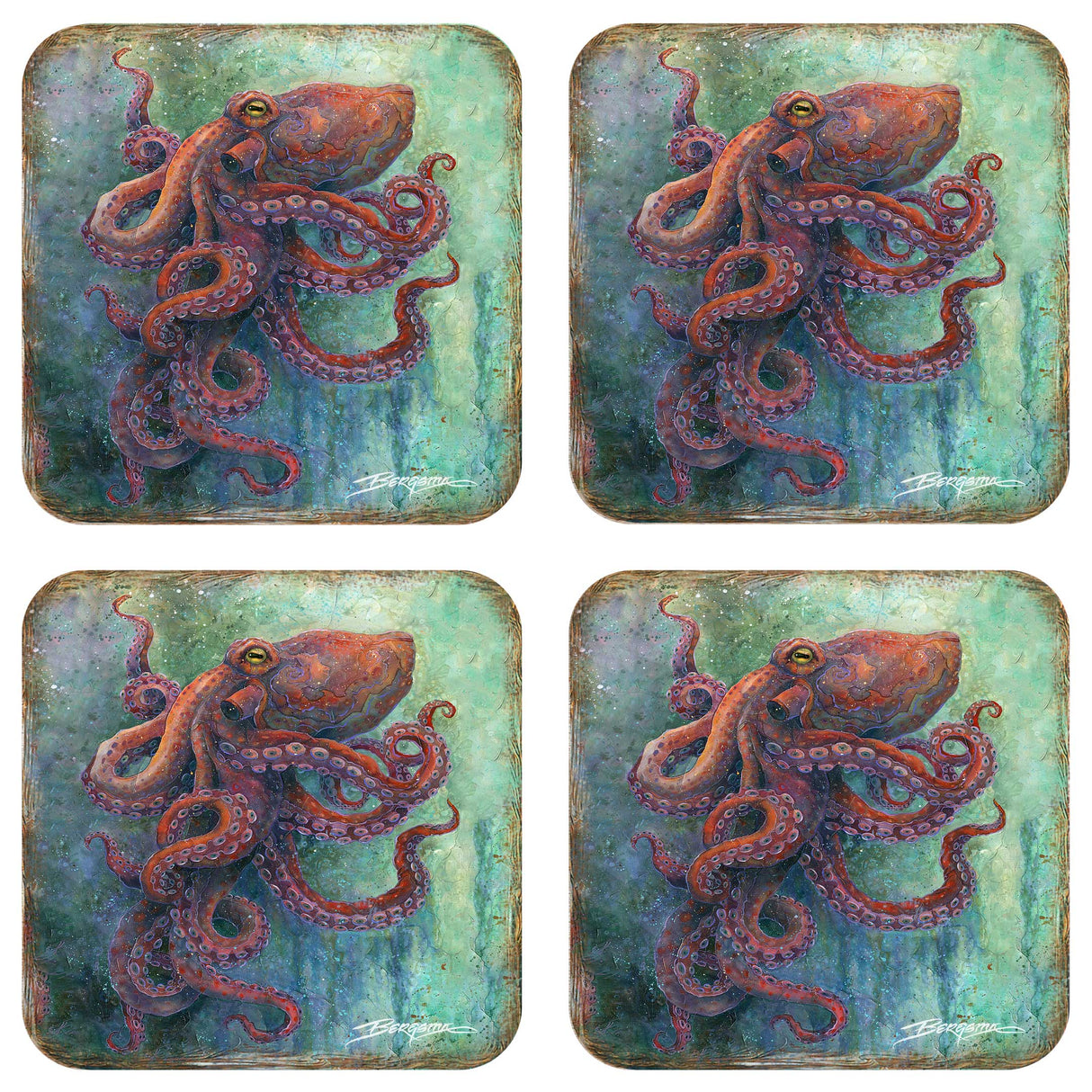 Octopus Wooden Cork Coasters Gift Set of 4 by J. Bergsma - Coastal Decor  - 8199459C-S4