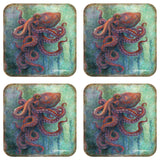 Octopus Wooden Cork Coasters Gift Set of 4 by J. Bergsma - Coastal Decor  - 8199459C-S4