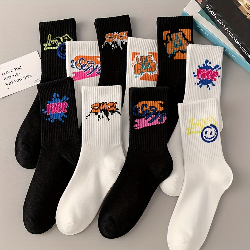 3/6/8/10/12 paires de chaussettes mi-longues avec graffitis et peinture au pistolet pour une mode, un confort et une durabilité personnalisés