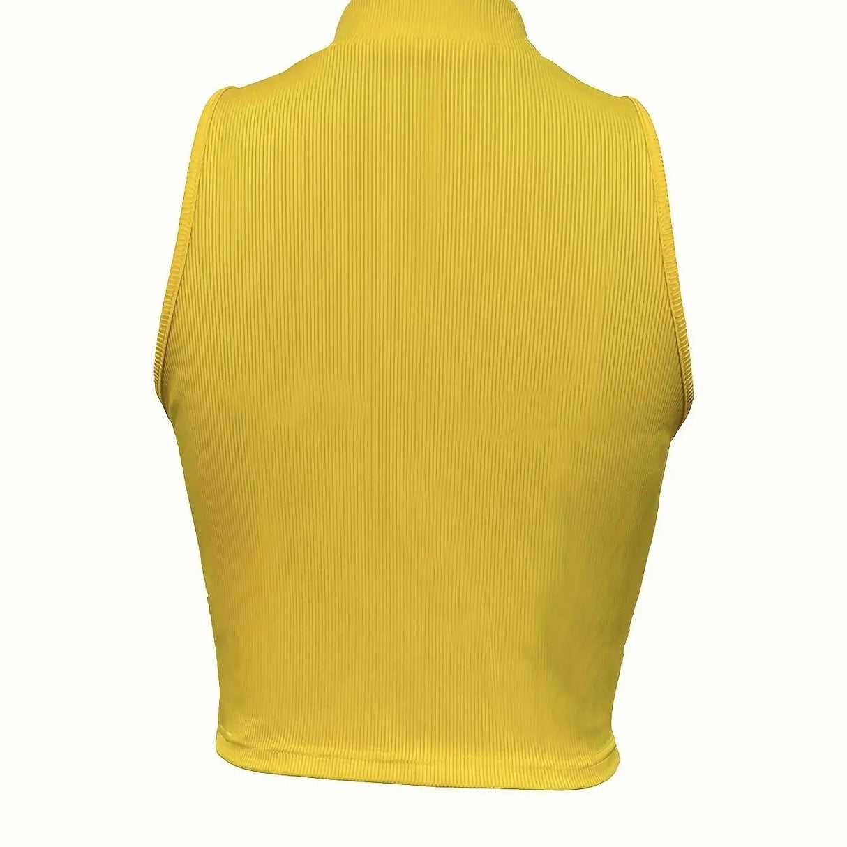 Women's Solid Color Ribbed Knit Short Zipper Design Off Shoulder Stand Up Collar Vest Top - Lootquake