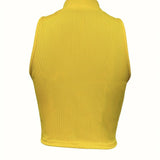 Women's Solid Color Ribbed Knit Short Zipper Design Off Shoulder Stand Up Collar Vest Top - Lootquake