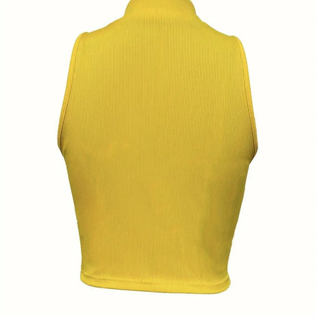 Women's Solid Color Ribbed Knit Short Zipper Design Off Shoulder Stand Up Collar Vest Top - Lootquake