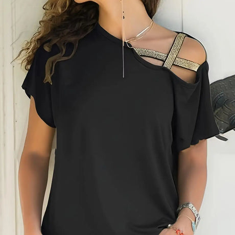 Women's Sequined Gold Shoulder Strap Off Shoulder Cross Off Shoulder Short Sleeved Tie Up T-shirt Top Shirt - Lootquake
