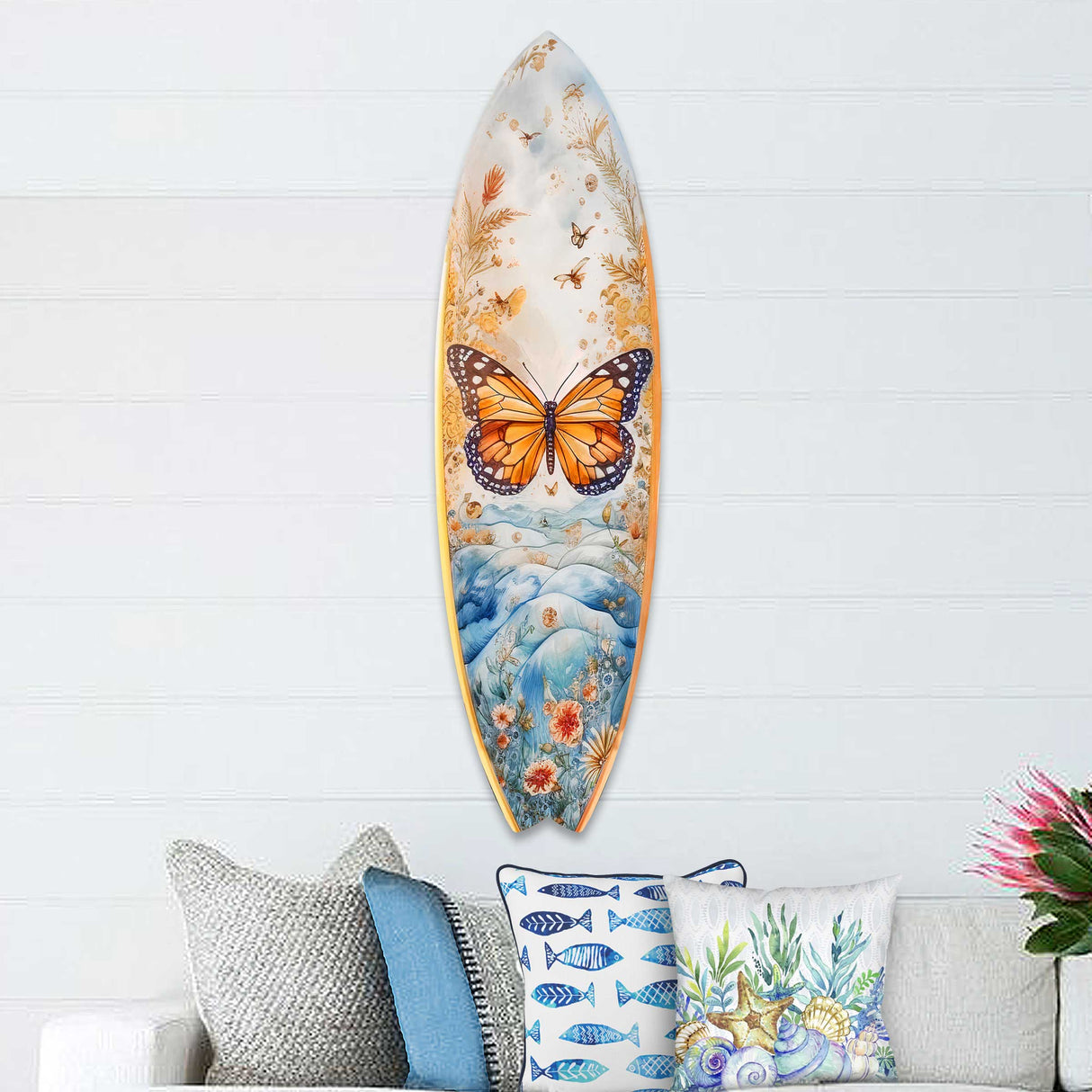 Orange Monarch Butterfly Surfboard Coastal Wall Art by G. DeBrekht - Coastal Holiday Decor - 8490110HS
