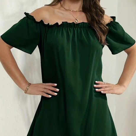 Women's Solid Color Off Shoulder Pleated Decorative Dress, One Shoulder Casual Dress - Lootquake