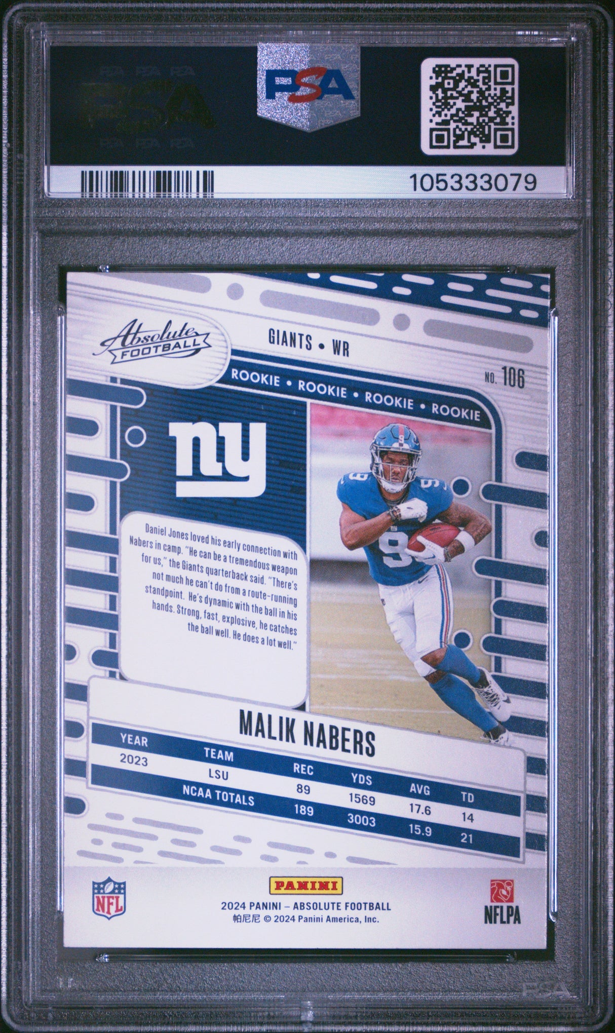 Tarjeta de fútbol RC Malik Nabers n.° 106 de novato Panini Absolute 2024, PSA 10 Gem Mint