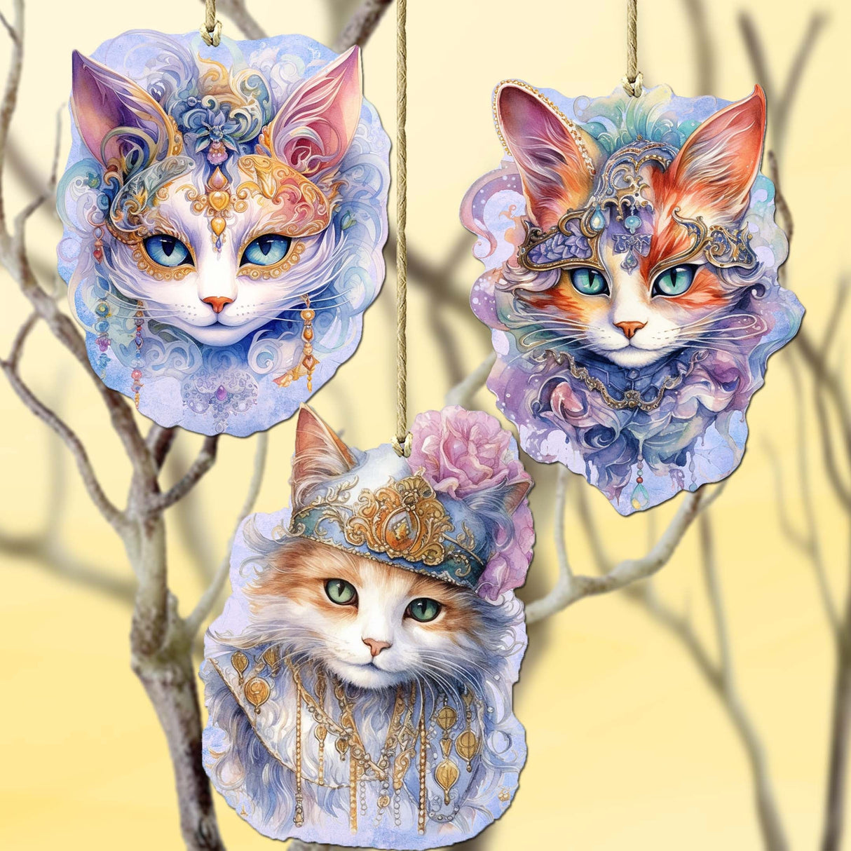 Beautiful Cats Decorative Wooden Ornaments Set of 3 by G. Debrekht - Christmas Decor - 8091033-S3