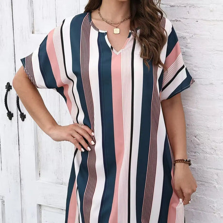 Ladies' Contrasting Striped Print Notch V-neck Short Casual Loose Dress - Lootquake