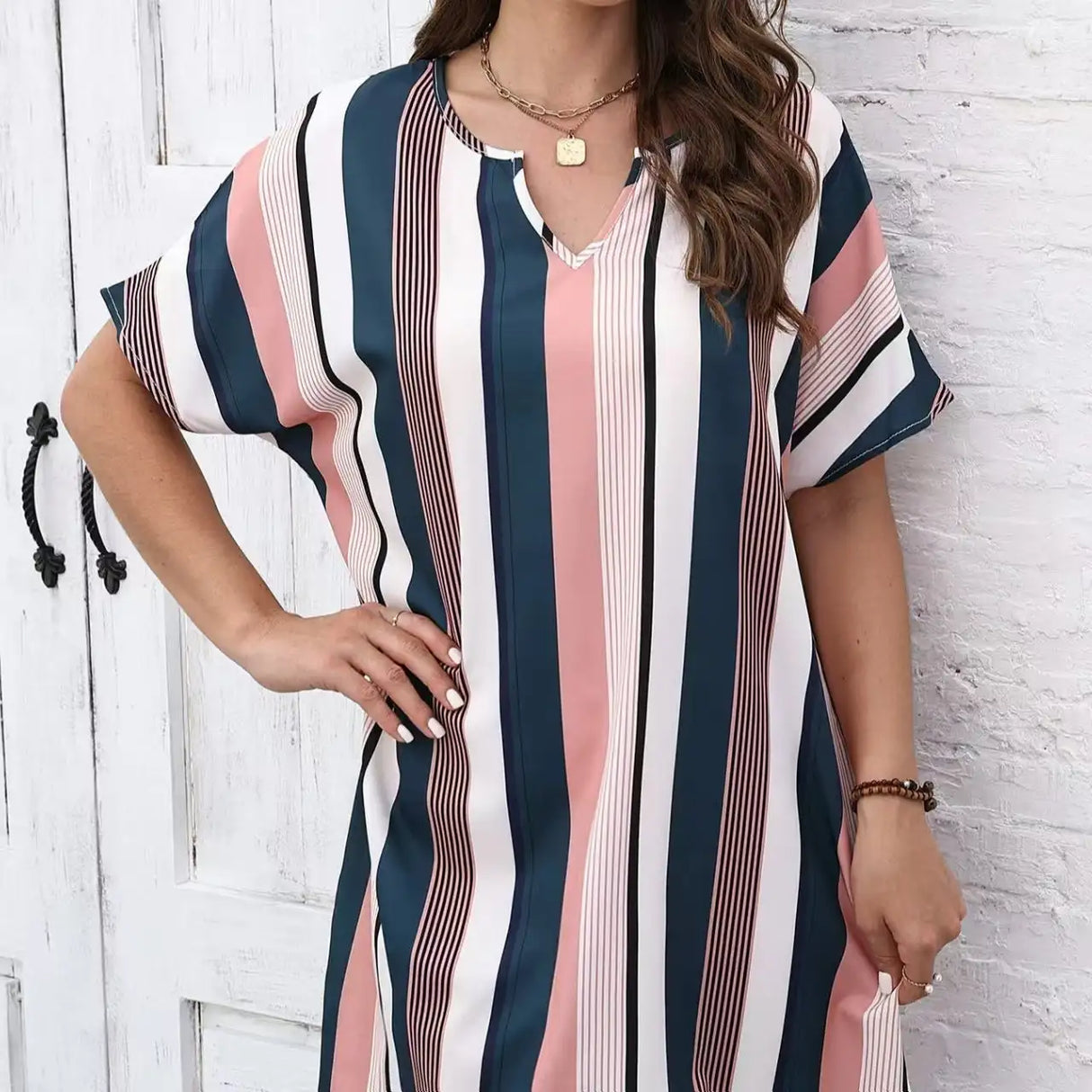 Ladies' Contrasting Striped Print Notch V-neck Short Casual Loose Dress - Lootquake