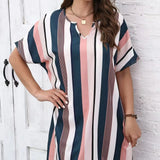Ladies' Contrasting Striped Print Notch V-neck Short Casual Loose Dress - Lootquake