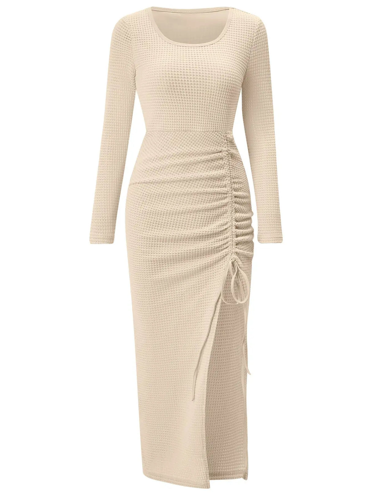 Autumn And Winter New Foreign Trade Women's Casual U-neck Split Drawstring Long-sleeved Dress - Lootquake