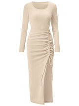 Autumn And Winter New Foreign Trade Women's Casual U-neck Split Drawstring Long-sleeved Dress - Lootquake