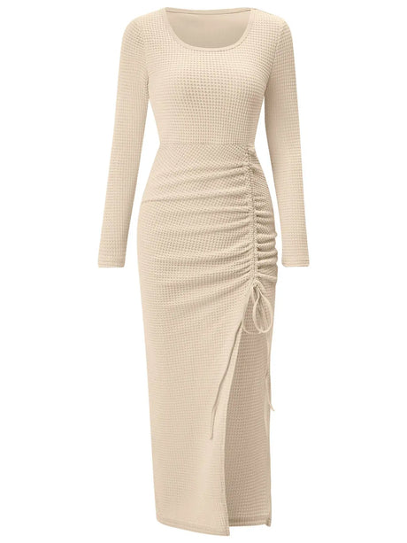 Autumn And Winter New Foreign Trade Women's Casual U-neck Split Drawstring Long-sleeved Dress - Lootquake