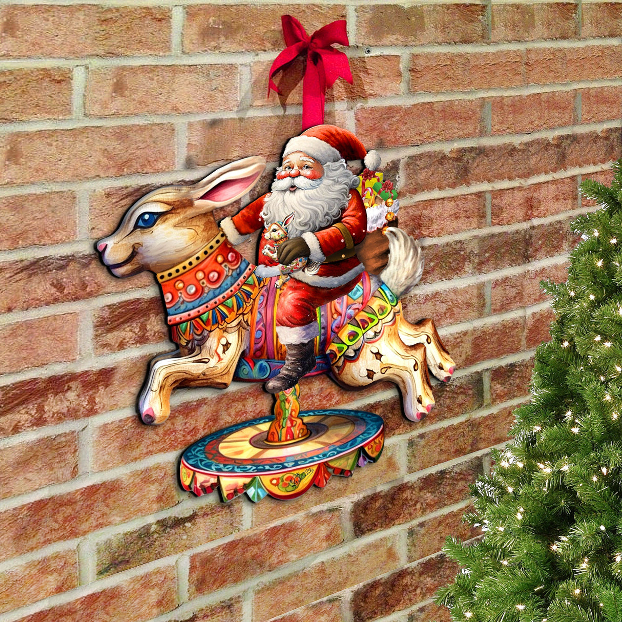 Santa Claus on Bunny Carousel Holiday Door Decor by G. Debrekht - Christmas Santa Snowman Decor - 8611067H