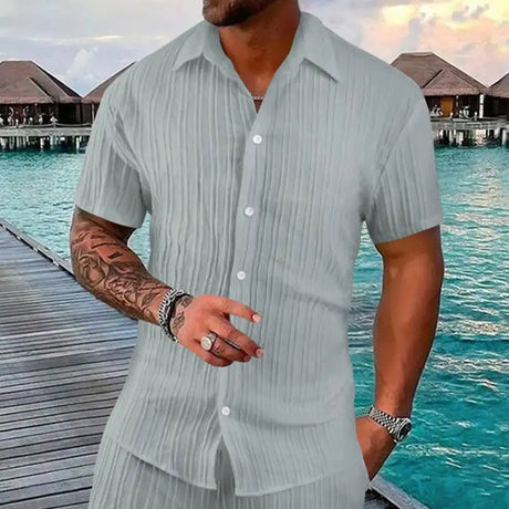 Polo Collar Solid Color Short Sleeve Button Men's Casual Loose Short Sleeves Shirt - Lootquake