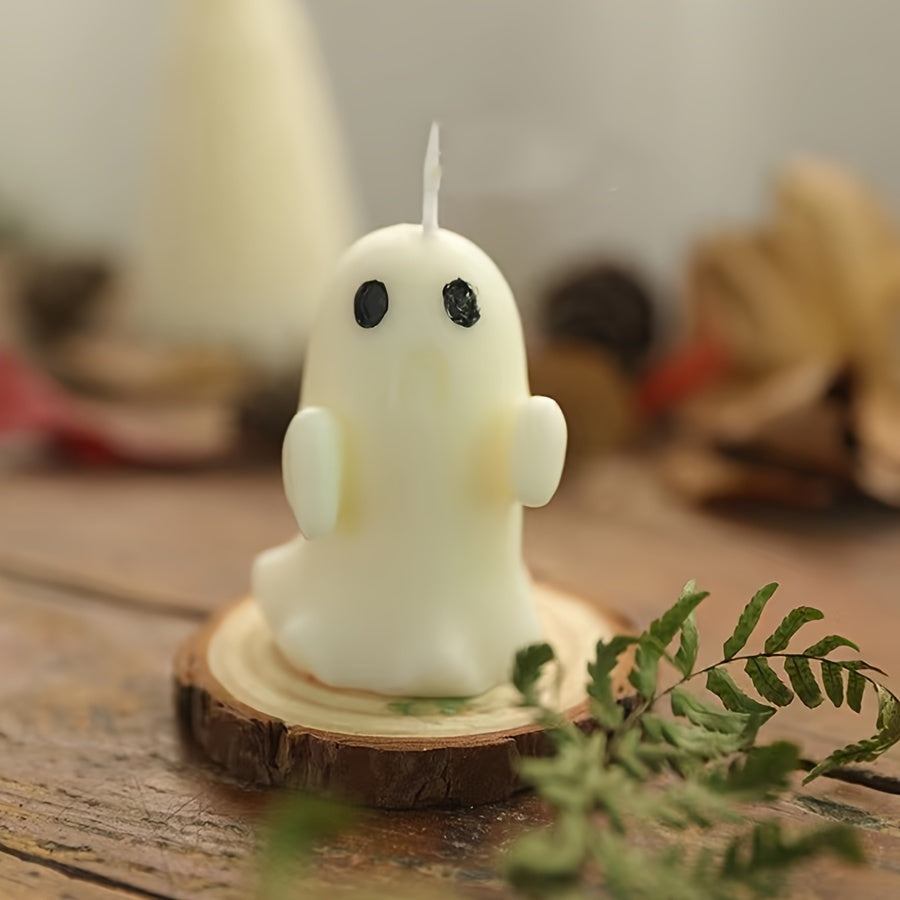 Vela artesanal con aroma a fantasma de Halloween: aroma a lavanda, mecha única, diseño de tarro con detalle de lazo.