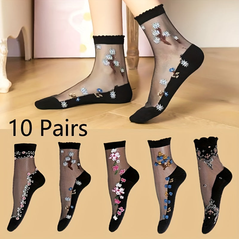 Lot de 10 paires de chaussettes en soie à broderie florale pour femmes, douces et respirantes