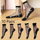 Lot de 10 paires de chaussettes en soie à broderie florale pour femmes, douces et respirantes