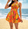 Ladies' Summer Contrasting Tropical Print Hanging Neck With V-neck Hollow Out Pleated Beach Vacation Style Short Dress - Lootquake