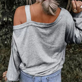Ladies' Heart-shaped Cherry Blossom Graphic Print Asymmetric Dewdrop Shoulder Top Long Sleeved Shirt - Lootquake